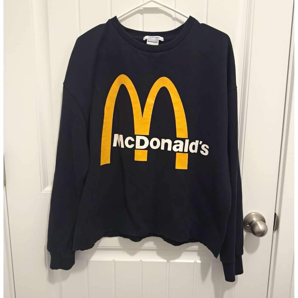 ZARA Trafaluc Womens McDonald's Logo Fleece Crewneck Sweatshirt Black Sz S